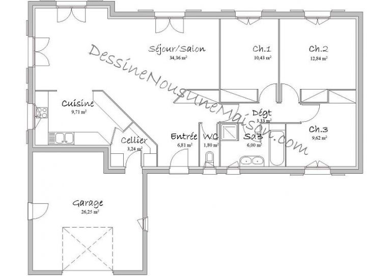 Plan maison rectangulaire plain pied 100m2 - Menuiserie