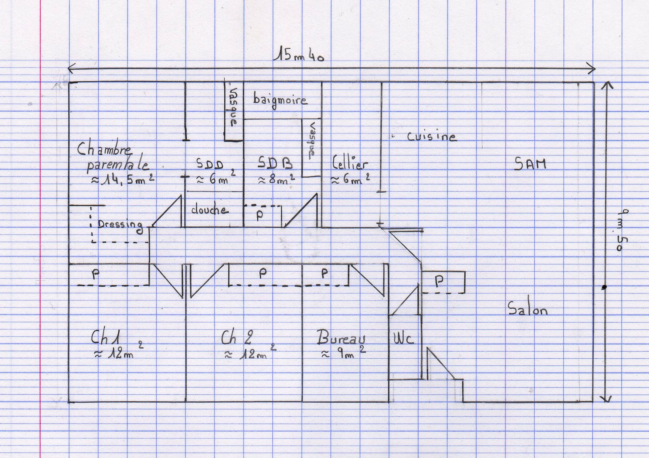  Plan  maison  plain pied 3  chambres  rectangulaire  Menuiserie